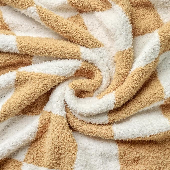 Checkered Throw Blanket for Couch, Soft Cozy Warm Knitted Blankets | Lightweight Fuzzy Travel Warm Decor for Women, Mom, Girls, Sofa, Chair, 50x70in, Khaki