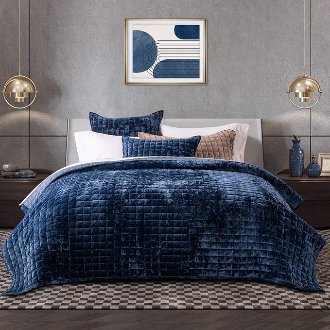 RECYCO Channel Box Stitch Velvet Quilt Set, King Size, Navy Blue | Ultra Soft Lightweight Velvet Comforter, Luxury Oversized Bedspread Coverlet, Quilted Bedding Set for All Season with 2 Shams