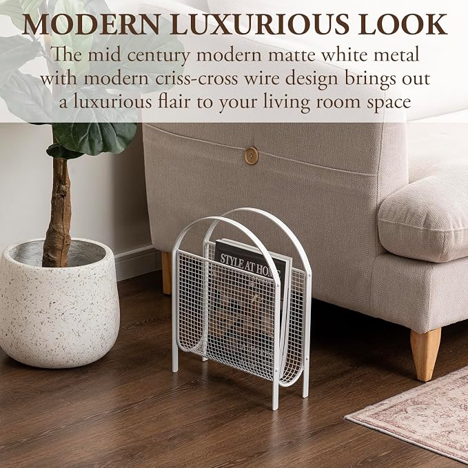 MyGift White Metal Mesh Magazine Rack, Mid Century Freestanding Holder | Sling-style storage keeps newspapers and reading materials contained while the open mesh design makes contents easy to see