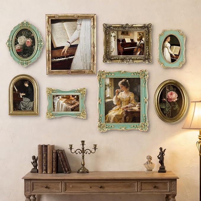 Lineshading 8 Pcs Picture Vintage Gallery Wall Frame Set | Antique Resin Picture Frame Collage Including Baroque Victorian for Wall Tabletop Display for Bedroom, Vintage Gold Green