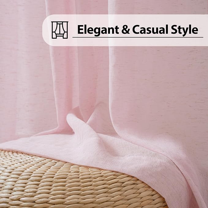 FMFUNCTEX Pink Linen Sheer Curtains, 96 Inches, 2 Panels for Bedroom | Semi Sheer Drapes, Flax Linen, Rod Pocket, Light Filtering, Farmhouse French, Kitchen, Privacy, Girls, for Living Room