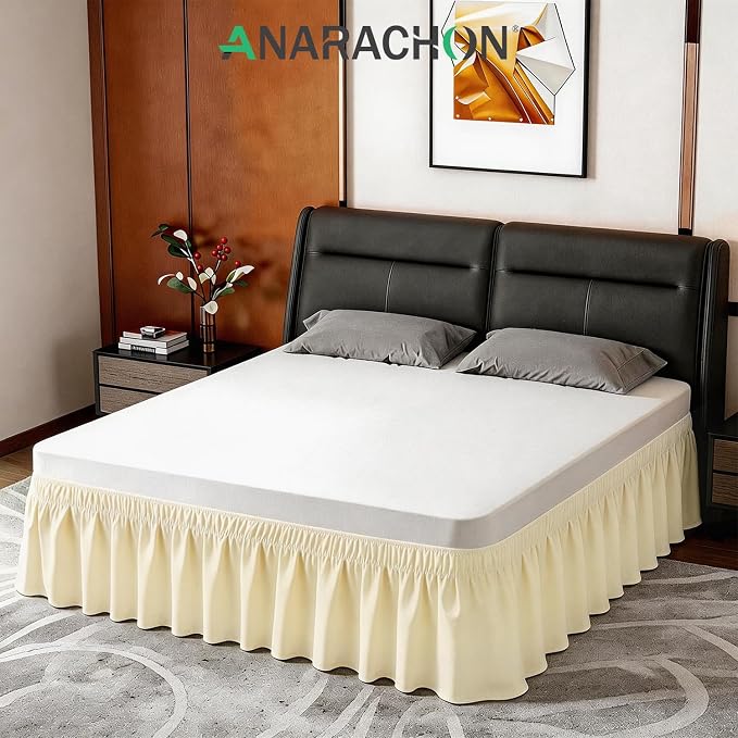 ANARACHON Queen Bed Skirt, Elastic Wrap Around Bed Skirt Queen Size, Bed Skirts for Adjustable Bed, Easy Fit with 14" Drop Length Tailored Drop Dust Ruffle (Light Yellow)