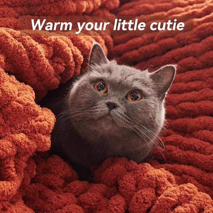 Negwoo Chunky Knit Throw Blanket, Knitted Throw Chenille Yarn, 50"*60" | Soft Thick Cable Knitted Blankets, Handmade Big Thick Blanket, Machine Washable Cute Comfy Blanket for Home Decor, Orange