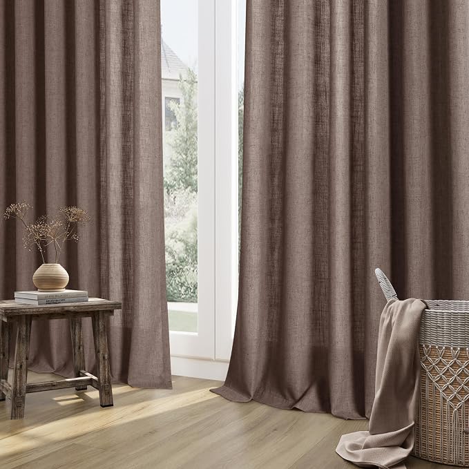 Cappuccino Linen Curtains 90 Inches Long Rod Pocket Semi Sheer Dining Room Cozy Bedroom Decor Cotton Look Country Rustic Farmhouse Boho Curtains 2 Panel Set,52x90