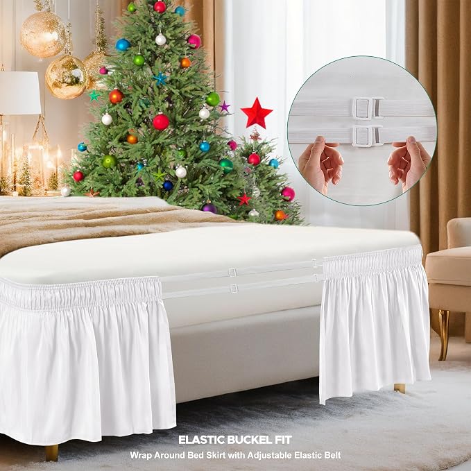 Wrap Around Bed Skirt King Size 9 Inch Drop-Elastic Dust Ruffle White | Adjustable Pleated Bedskirt-Easy Fit Wrinkle Resistant Washable Hotel Quality Fabric Bed Skirting-Master Guest Bedroom Rental
