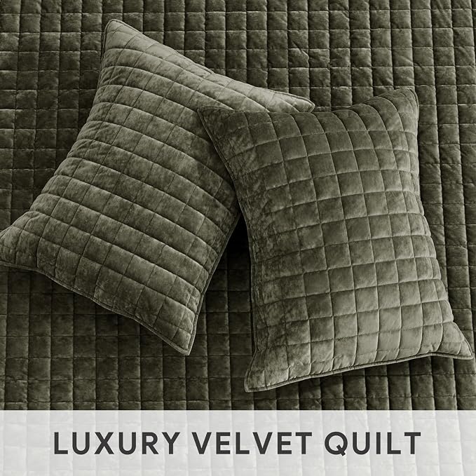 RECYCO Velvet Quilt Set, Oversized California King 118"x106", Olive Green | Channel Box Stitch Velvet Comforter Set, Ultra Soft Lightweight Bedspread Coverlet, All Season Bedding Set, with 2 Shams