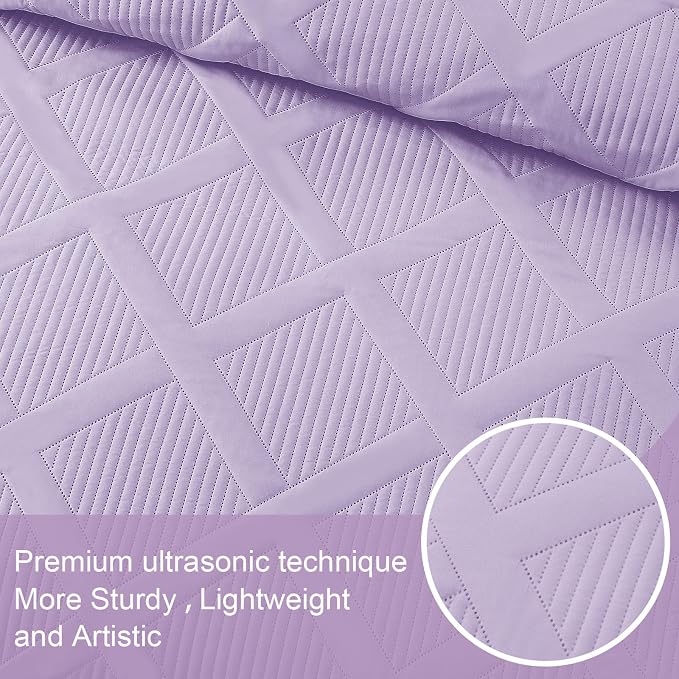 Exclusivo Mezcla Quilts Queen Size, Lilac | Soft Bedspreads with 2 Pillow Shams, Modern Striped Pattern, Lightweight Bedding Set Coverlets for All Seasons, 90x96 Inch
