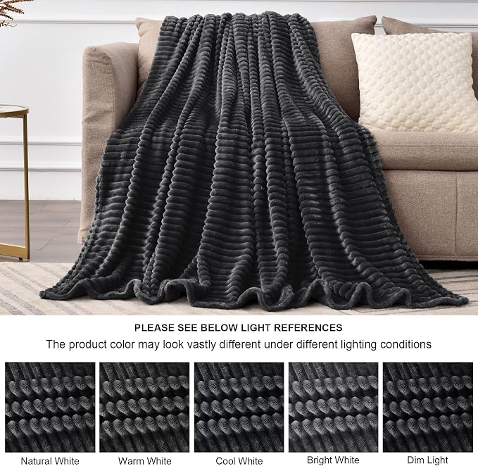 BEDELITE 3D Ribbed Jacquard Black King Size Blankets for Bed, 108x90 Inch | Soft Warm Decorative Fluffy Blanket, Cozy Fuzzy Lightweight Plush Fleece Throw Blankets for Bed, Room Decor, Gift for Women