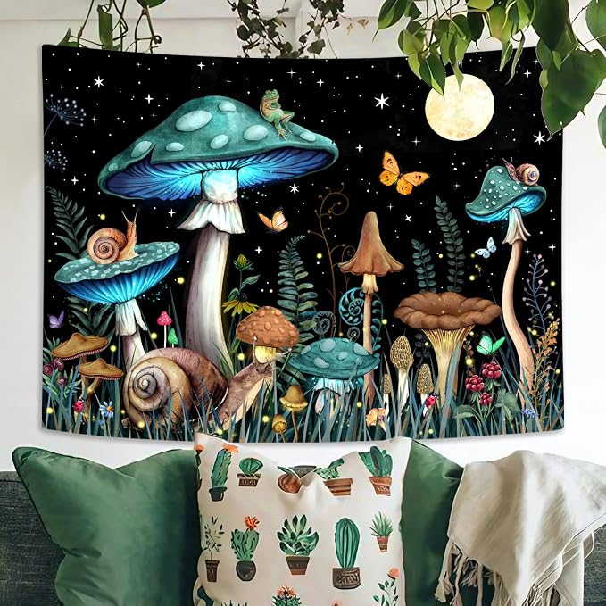 Zussun Teal Mushroom Tapestry Moon Star Tapestries for Bedroom Aesthetic Starry Night Green Plant Tapastrys Wall Hanging Butterfly Snail Frog Wall Tapestry for Living Room Dorm (Green, 60" x 44")