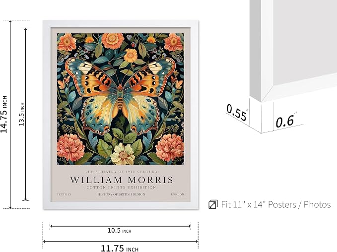 Poster Master William Morris Poster - Butterfly Print - Botanical Art - Flower Art - Exhibition Artwork - Animal Creation - Floral Piece - Aesthetic Illustration - Office or Living Room Decor - 11x14 White Framed