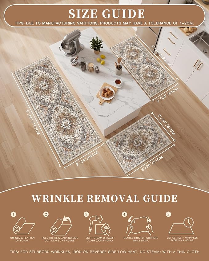 Madane Washable Kitchen Rug Set of 3 Small Area Rugs Non-Slip Turmeric/Grey | Vintage Hallway Entryway Door Mat Indoor Entrance Low Pile Floor Carpet Runner for Inside Front Entry Laundry 2x3+2x4+2x5