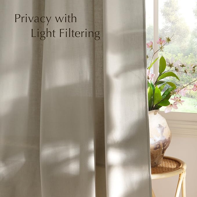 NICETOWN Semi Sheer Curtains 84 inches Long, Rod Pocket & Back Tab Linen Blend Light Filtering Window Treatments Privacy Added Drapes for Living Room, Cocoa Cream, W55 x L84, 2 Panels