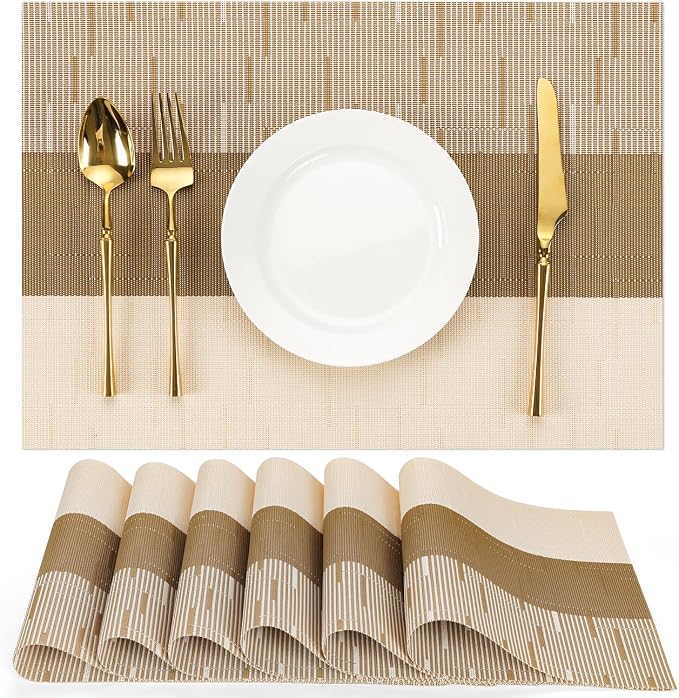 Placemats Set of 6, Vinyl Woven Heat-Resistant Place Mats | Washable Wipeable PVC Table Mats, Non Slip Placemat for Kitchen Dining Indoor Outdoor Table (Beige Light Brown, Set of 6)