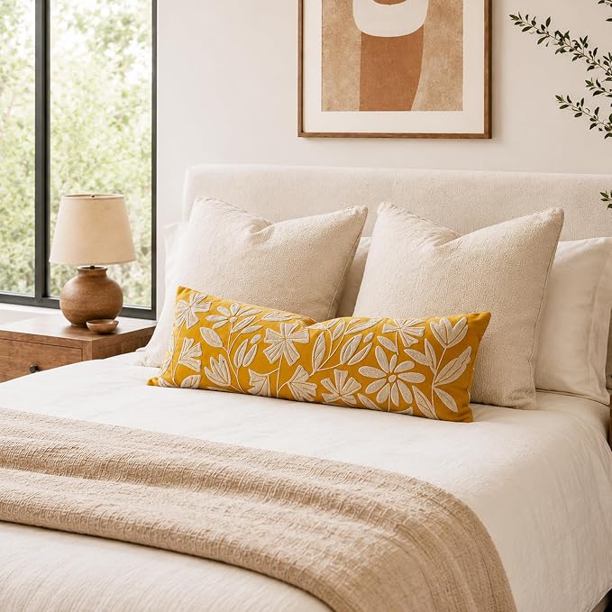 BlissBlush Long Lumbar Pillow Cover 14x36 for Bed, Mustard Floral Tufted Velvet Accent Oversize Throw Pillowcase for Bedroom, Cover Only