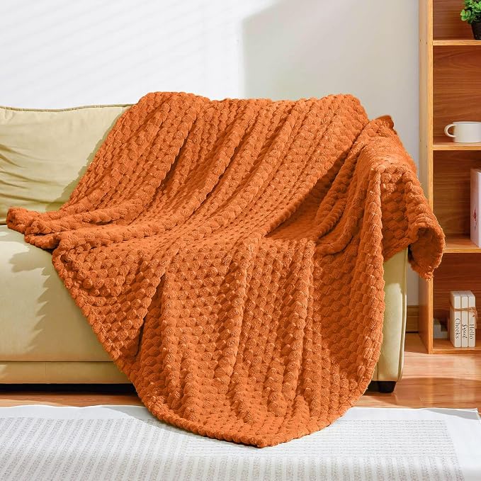 Excervent Hexagon Jacquard Throw Blanket for Bed, 60x80 Inch, Burnt Orange | Big Decorative Fuzzy Flannel Fleece Throw Blanket for Sofa Bed Couch, Super Soft Cozy, Suitable for All Seasons