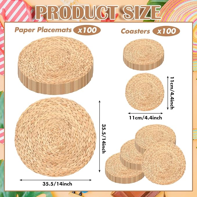 Geosar 200 Pcs Light Brown Woven Disposable Paper Placemats Set 14 Inch | With Coasters for Drinks, Paper Rattan Placemats Boho Farmhouse Rustic Table Decor for Wedding Bridal Shower Birthday