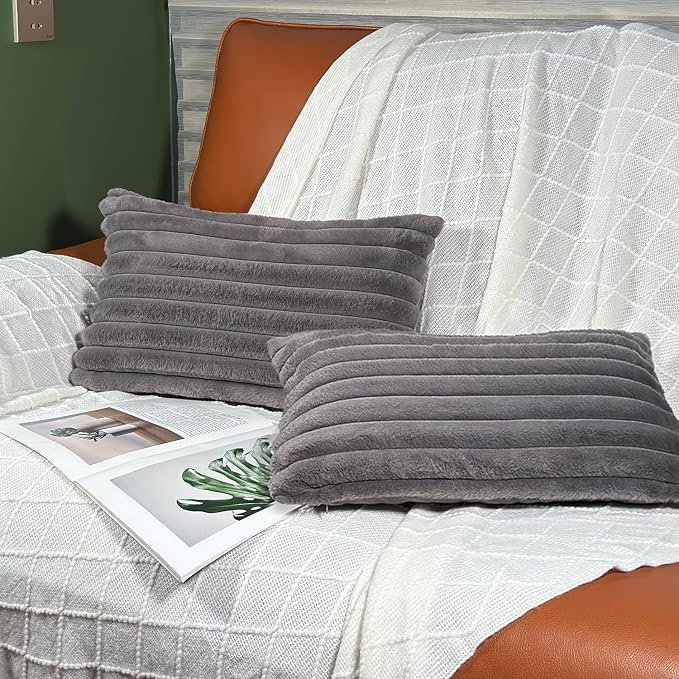 COTEY 12x20 Decorative Faux Fur Throw Pillow Covers Set of 2- Dark Gray