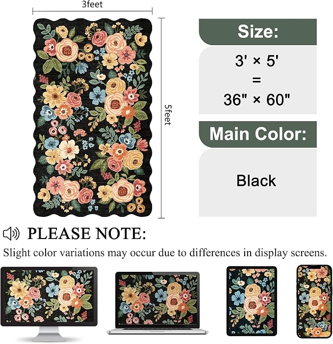 DUKINO 3x5 Area Rugs, Non Slip Floral Washable Rug for Bedroom, Black | Soft, Low Pile, Non-Shedding Throw Rugs for Living Room, Entryway, Kitchen, Kids Room, Pet Friendly, Home Decor, Lightweight