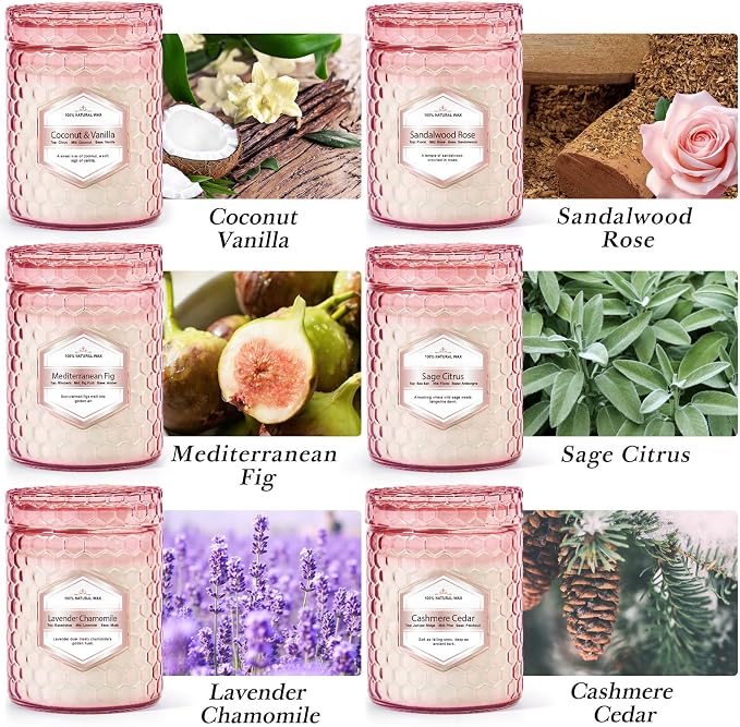 Scented Candles 6-Pack 5.5oz, Natural Soy Wax Pink Jar Gift Set | Scented Candles Gifts Sets for Women Birthday Christmas, Natural Aromatherapy Candles for Spa, Relaxation, Home Décor