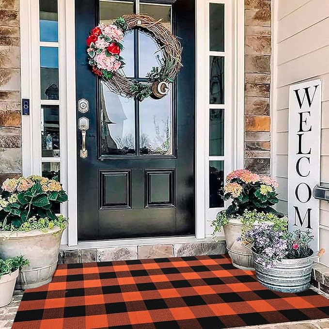 Buffalo Plaid Outdoor Rug 3x5 Ft Orange and Black Checkered Area Rug Halloween Washable Doormats Fall Indoor Outdoor Rugs for Layered Front Door Mats, Porch, Entryway, Kitchen, Farmhouse