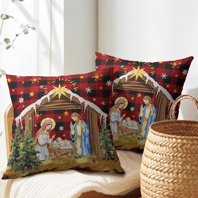 Jesus Nativity Throw Pillow Cover 16x16 Inch Set of 2 Xmas Red Buffalo Plaid Pillow Case Christma O Holy Night Winter Holiday Cushion Case for Home Living Room Couch Sofa Decor