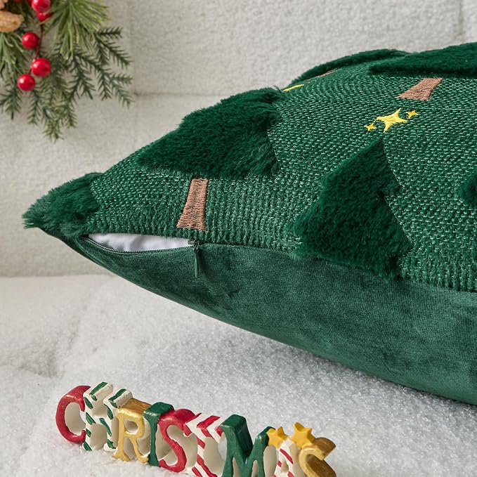 Kevin Textile Christmas Tree Pillow Covers 18x18 Inch Set of 2 Twinkle Golden Star Embroidery Soft Plush Faux Fur Throw Pillowcases for Couch Sofa Holiday Festivals Winter Xmas Gift, Dark Green