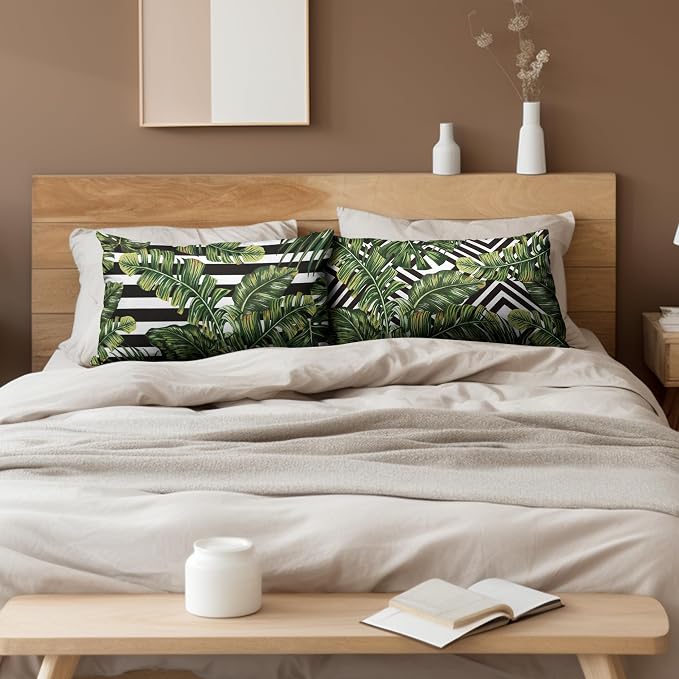 Tropical Leaves Lumbar Pillow Covers Set of 2 Summer Palm Leaves Rectangle Pillow Case 12x20 Black and White Geometric Waist Throw Pillow Covers for Living Room Sofa