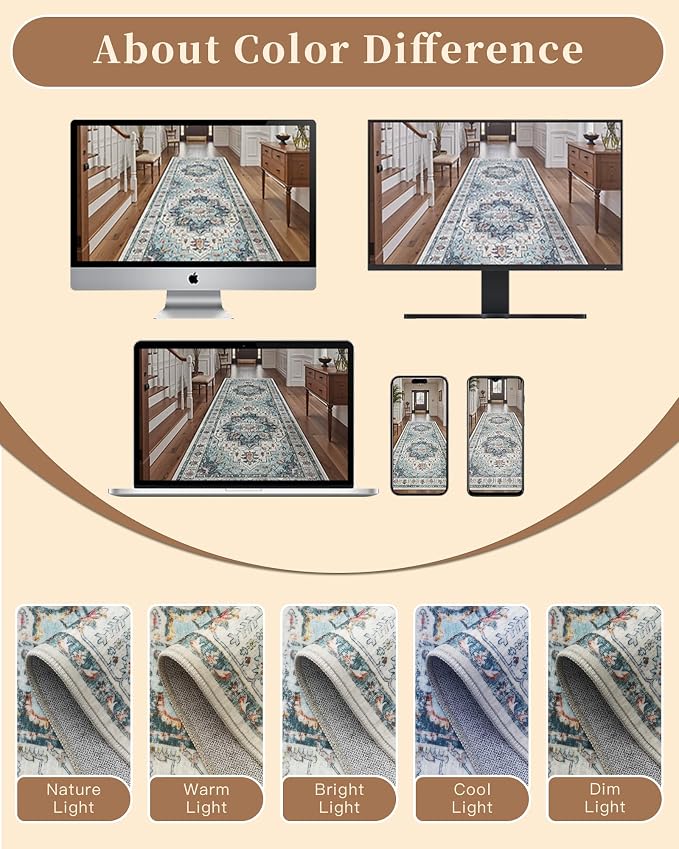Madane Hallway Runner Rug 2'6''x16' Kitchen Runners Vintage, Blue | Long Non-Slip Washable Rugs 16ft for Entryway Laundry and Bedroom, Soft Low Pile Stain-Resistant 2.5x16 Ft Floor Carpet