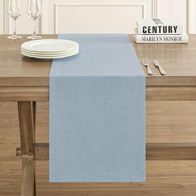 ZeeMart Basic Linen Style Table Runner, 14x108 Inch Chambray Blue | Mitered Corner Design, Medium Weight Fabric, Rustic Farmhouse Style, Machine Washable Easy Care Everyday Table Scarf