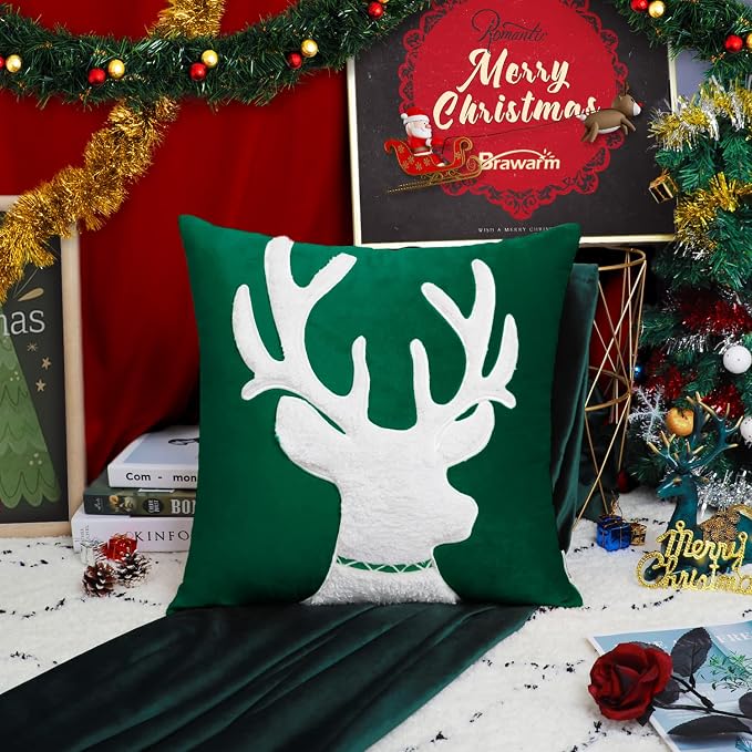 BRAWARM Christmas Pillow Cover 18 X 18 Inches, Christmas Green Reindeer Embroidered Pillow Cover, Soft Velvet Decorative Throw Pillow for Couch Bed Sofa Living Room Home