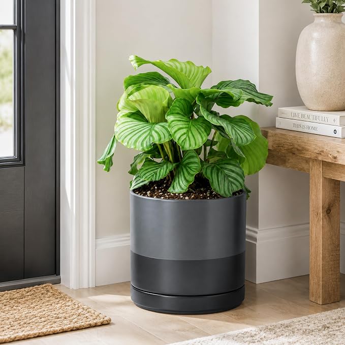 D'vine Dev 10 Inch Ceramic Planter Pot, Slate, 94-O-E-5 | Modern Cylinder Design, Drainage Hole & Saucer Included, Stable Structure, Elegant Home Accent
