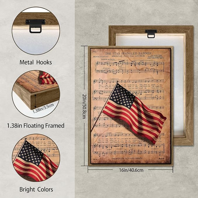 American Flag Framed Canvas Wall Art, 4th of July Patriotic Canvas Prints | Sheet Music Poster Print, Vintage Independence Day Wall Decor for Bedroom Living Room Office 16×20in