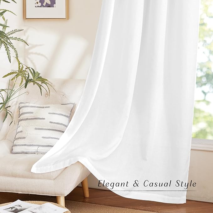 NICETOWN Linen White Curtains for Living Room, Rod Pocket & Back Tab Flax Linen Window Treatments Privacy Added with Light Filtering Drapes for Bedroom/Nursery, W55 x L95, 2 Panels