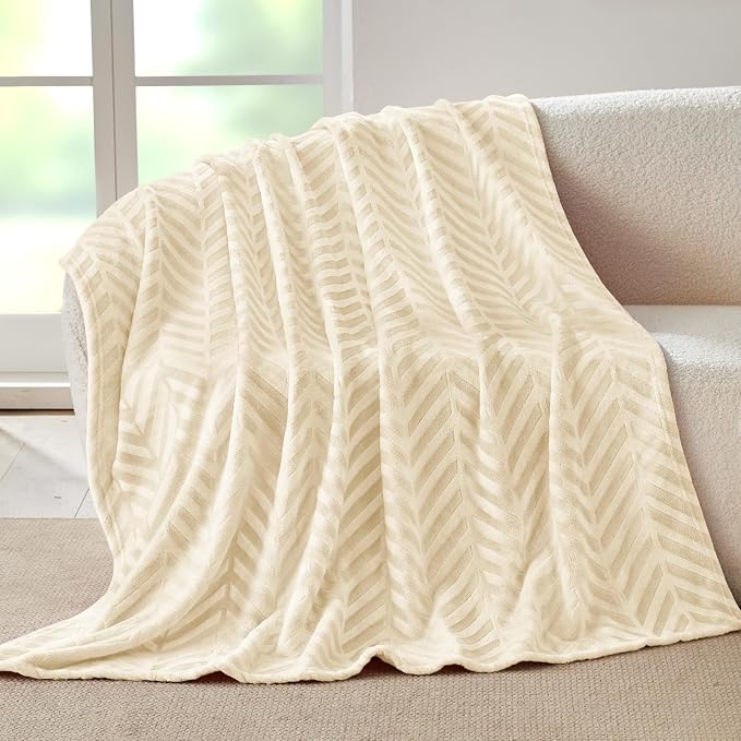 Whale Flotilla Flannel Fleece Throw Blanket for Couch, Ivory | Lightweight Breathable Soft Sofa Throws, Plush Fluffy Chevron Design Decorative Blankets for All Season, 50x60 Inch