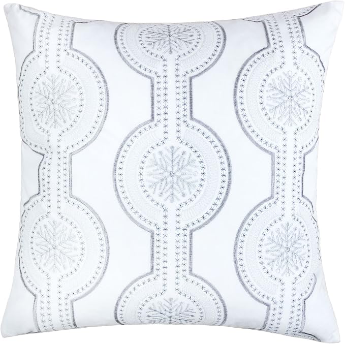 Embroidery White Velvet Throw Pillow Cover, Merry Christmas Series Snowflake Drop Luxury Soft Fuzzy Cozy Warm Slik Gift Square Couch Cushion Pillow Case 20 x 20 Inch, Cover Only