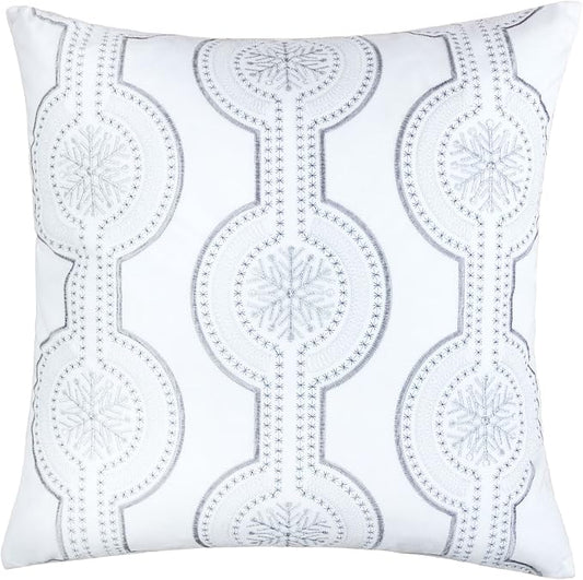 Embroidery White Velvet Throw Pillow Cover, Merry Christmas Series Snowflake Drop Luxury Soft Fuzzy Cozy Warm Slik Gift Square Couch Cushion Pillow Case 20 x 20 Inch, Cover Only