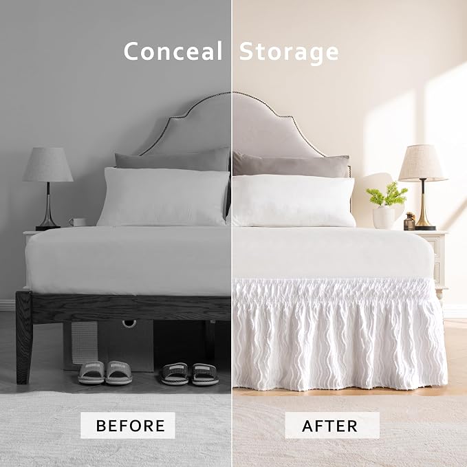 MIYE Wrap Around Ruffled Lace Bed Skirt, Elastic Dust Ruffle with Adjustable Belts, Easy to Put On, Bed Frame Cover, Machine Washable (Wavy/White, King/Queen-12.5" Drop)
