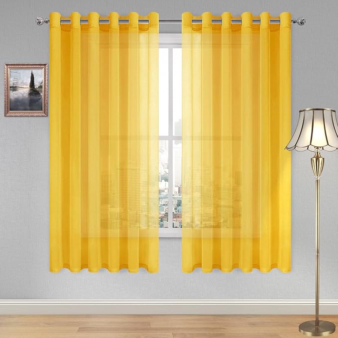 DWCN Yellow Semi Sheer Curtains, Grommet Top Window Drapes for Bedroom & Living Room, Faux Linen Look Voile Transparent Solid Curtains Set of 2 Panels 70 x 63 Inches Long