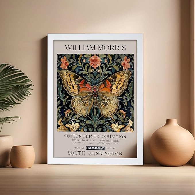 Monem Art William Morris Poster - Butterfly Print - Flower Art - Botanical Poster - Moth Illustration - Floral Creation - Aesthetic Living Room Decor - 16x20 White Framed