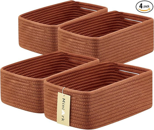 MiniArk Small Storage Baskets for Organizing | Closet Organizer Bins | Shelf Toy Basket | Woven Rope Baskets | Cube Decorative Box | Shallow Basket | 13x8.5x5.1” | 4 Packs Oxide Red