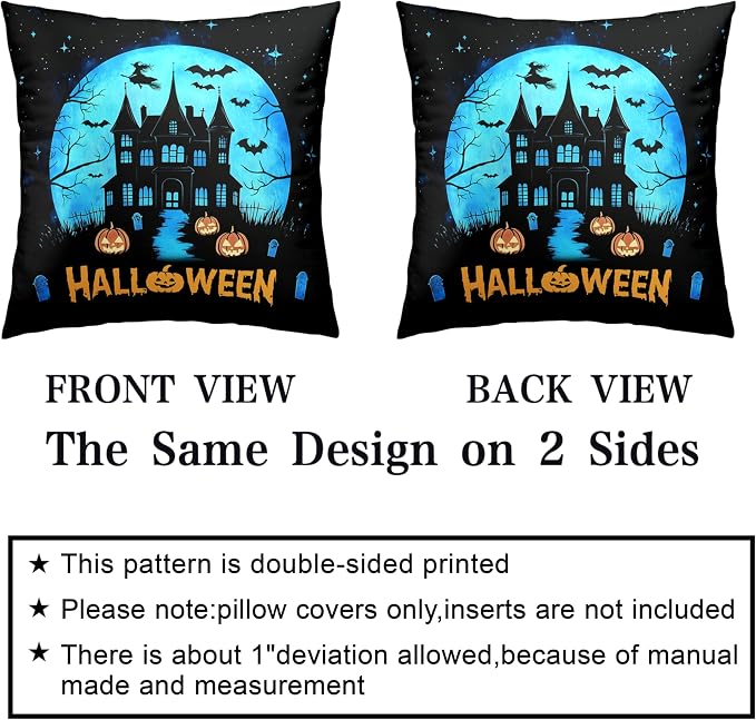 Halloween Pillow Covers 18x18 Set of 2 Witch Castle Throw Pillow Covers Horror Full Moon Night Pillow Case Bat Ghost Pumpkin Cushion Case for Holiday Party Home Decor Couch Sofa