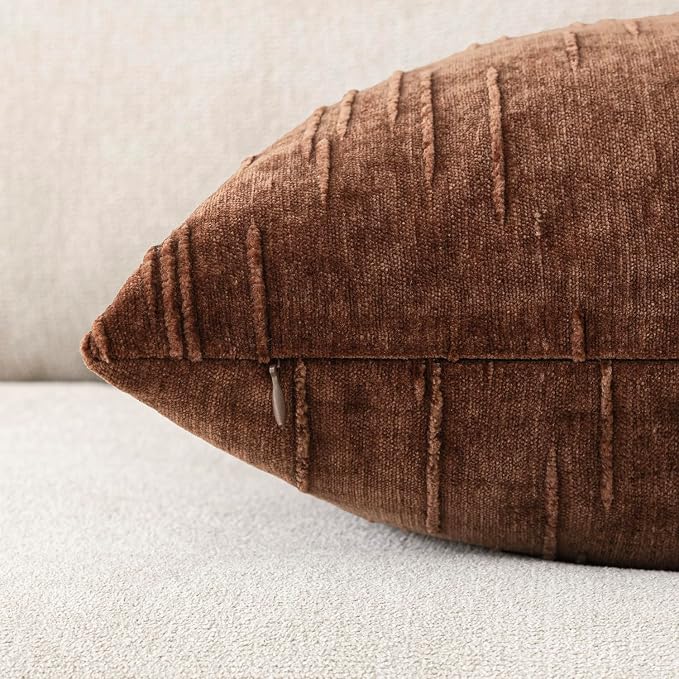 Foindtower Pack of 2 Slubby Textured Chenille Throw Decorative Pillow Covers Square Accent Solid Cushion Cover Cozy Neutral Farmhouse Pillow Case for Couch Bedroom Living Room 18x18 Inch,Red Brown