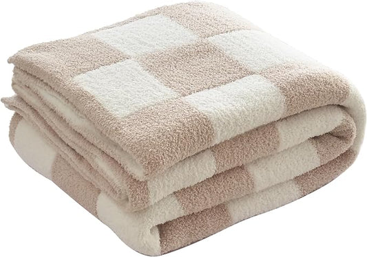 Ultra Soft Cozy Checkered Knitted Throw Blanket Fluffy Microfiber Checkerboard Bed Blanket Lightweight Both Sides Blanket for Couch Sofa Bed (Cream, Throw 50“x60”)