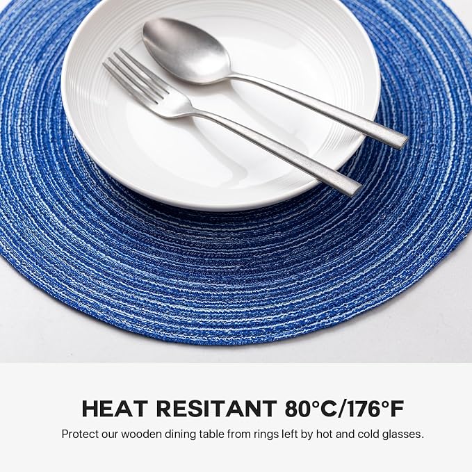 BARoyal Round Placemats Set of 6 Woven Placemats Washable Braided Table Mats for Dining Table Heat Resistant Non-Slip Circle Place Mats(Royal Blue)