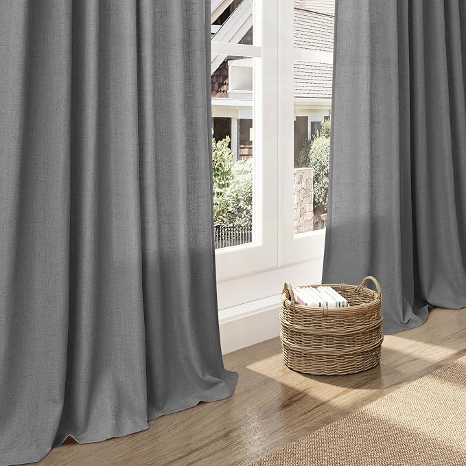 Dark Grey Linen Curtains 100 Inches Long for Bedroom Back Tab Light Filtering Privacy Sheer Curtains Modern Farmhouse Coastal Decor Cotton Textured Curtain for Living Room 2 Panel Set