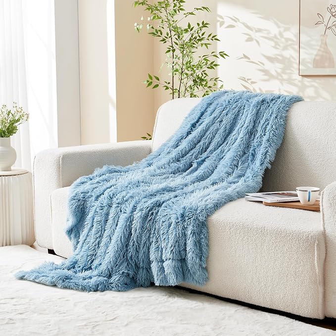 GONAAP Fuzzy Faux Fur Throw Blanket for Couch, Light Blue, 50"x60" | Warm Cozy Plush Shaggy Decorative Reversible Thick Non-Heated Fleece Blanket for Sofa Bed, Gift for Women Men, All Season Use