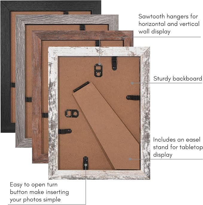 Americanflat Rustic 5x7 Picture Frame Set of 4 - Use as 4x6 Picture Frame with Mat or 5x7 Frame Without Mat - Photo Frame with Textured Engineered Wood, Shatter Resistant Glass, and Easel