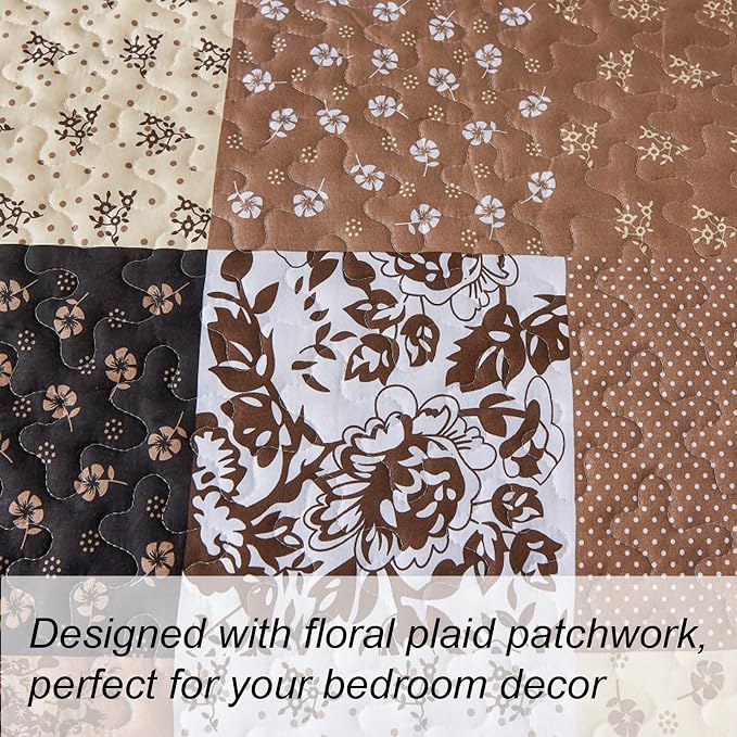 Mybedsoul Boho Quilts Queen Size, Patchwork Fall Bedding Set, Khaki | Soft Lightweight Microfiber Floral Coverlet Set, 3 Pieces Plaid Reversible Bedspread, Bed Sets for All Seasons 90"x96"