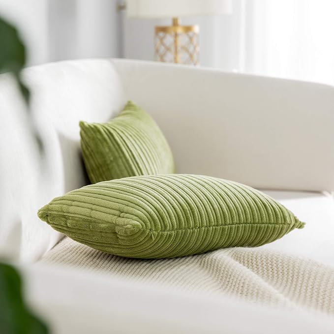Kevin Textile Striped Corduroy 12”x20” Pillow Covers 2 Pack, Green