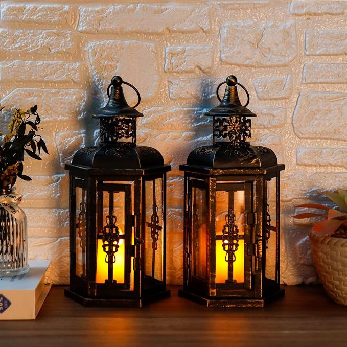 JHY DESIGN Decorative Candle Lanterns Set of 2 10" H Vintage Hanging Lanterns Metal Candleholders for Indoor Outdoor Home Parities and Weddings (Black with Gold Brush)